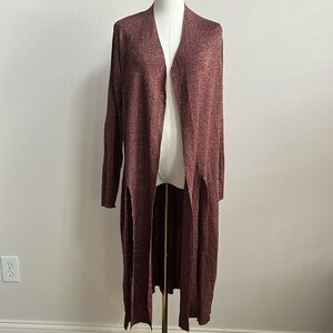 IMAN Womens Open Front Long Casual Chic Cardigan Duster Shimmer Gold Burgundy M